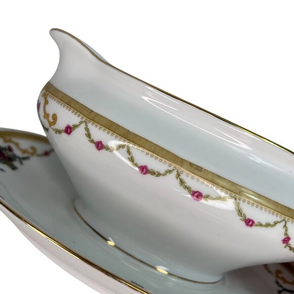 VTG Royal Bayreuth Bavaria Gravy Boat W/ Attached Plate Gold Trim Floral - Picture 6 of 13